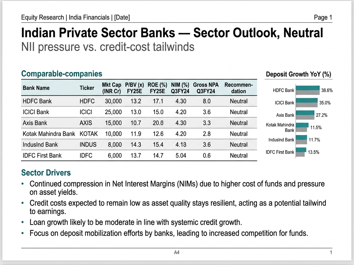 Sample page from a Valuevade student sector coverage note showing a comparables table for Indian private-sector banks