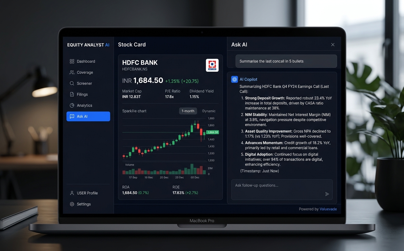 Sample screenshot of a Valuevade student-built AI equity research copilot web app
